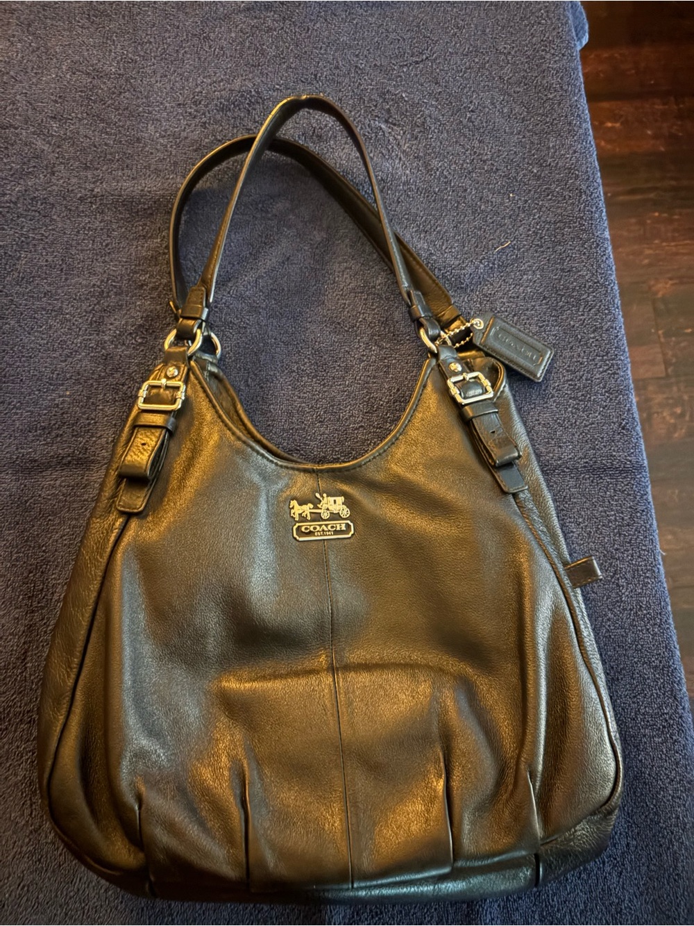 Coach Black Leather Shoulder Bag with Logo Plaque